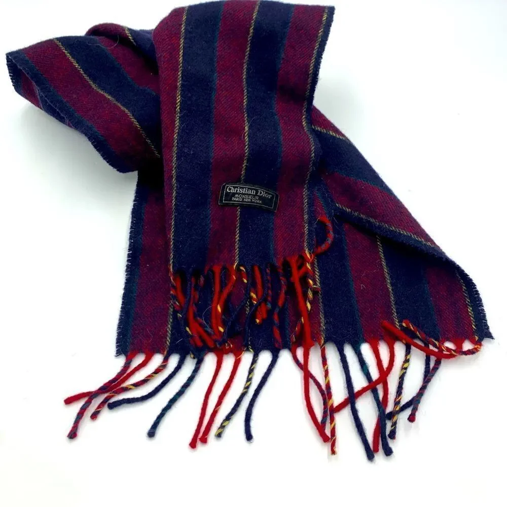 Auth Vtg Christian DIOR Stripe Wool Scarf. Circa 70s Pristine Preloved Wrap